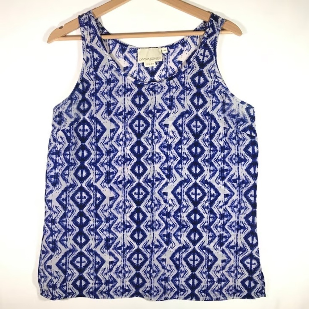 Cynthia Rowley TJX Blue White Aztec Tribal Sleeveless Tunic Silk Blouse Size M